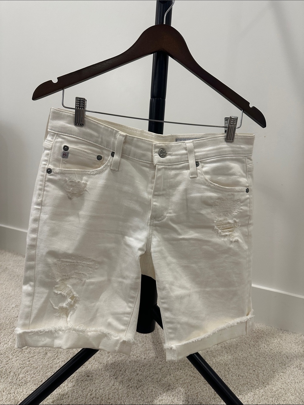 Ag Adriano Goldschmied White Distressed Bermuda Shorts - Rolled Hem